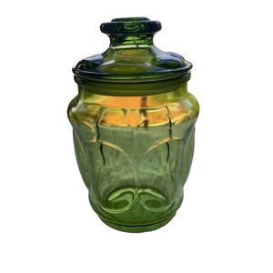 Vintage L.E. Smith Green Pressed Glass Lidded Canister Bubble Apothecary Jar
